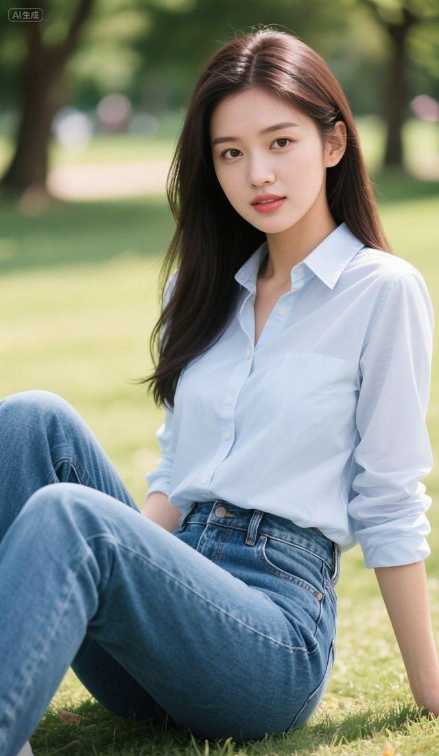 穿牛仔裤的长发女孩