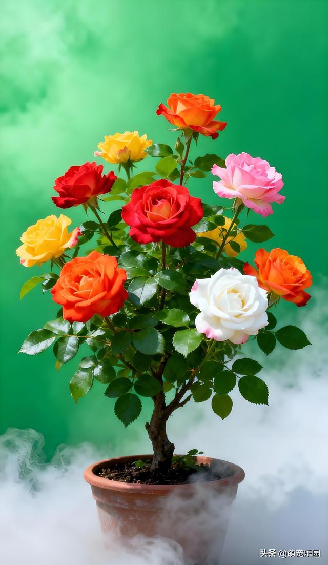 花盆里长出三色玫瑰，粉色红色白色同枝绽放，我惊呆了