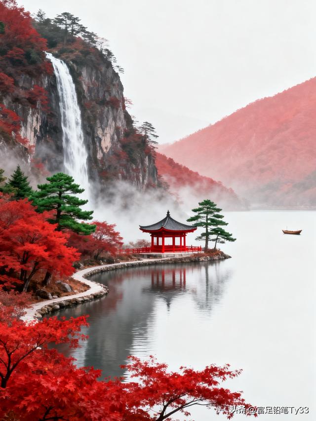 秋日仙境，红叶映碧水，古塔倚瀑布，静谧如画！