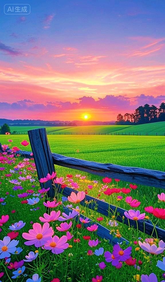 漫山花海裹挟温柔日落，目之所及尽是美好，这个景色真的好治愈啊