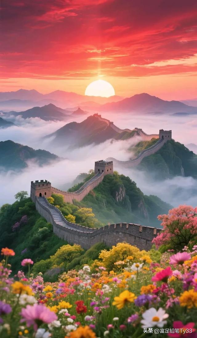晨曦中的长城，如巨龙般蜿蜒盘旋，云海翻腾花海绚烂，美不胜收！