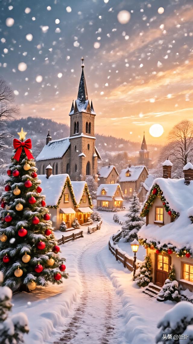 白雪皑皑的圣诞黄昏美景