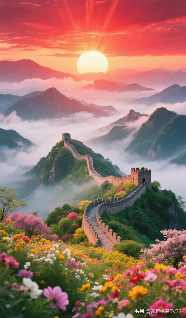 晨曦中的长城，如巨龙般蜿蜒盘旋，云海翻腾花海绚烂，美不胜收！