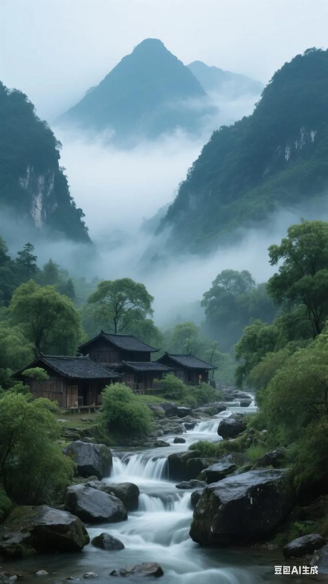 仙境般的古村落，流水潺潺，云雾缭绕，仿佛世外桃源！