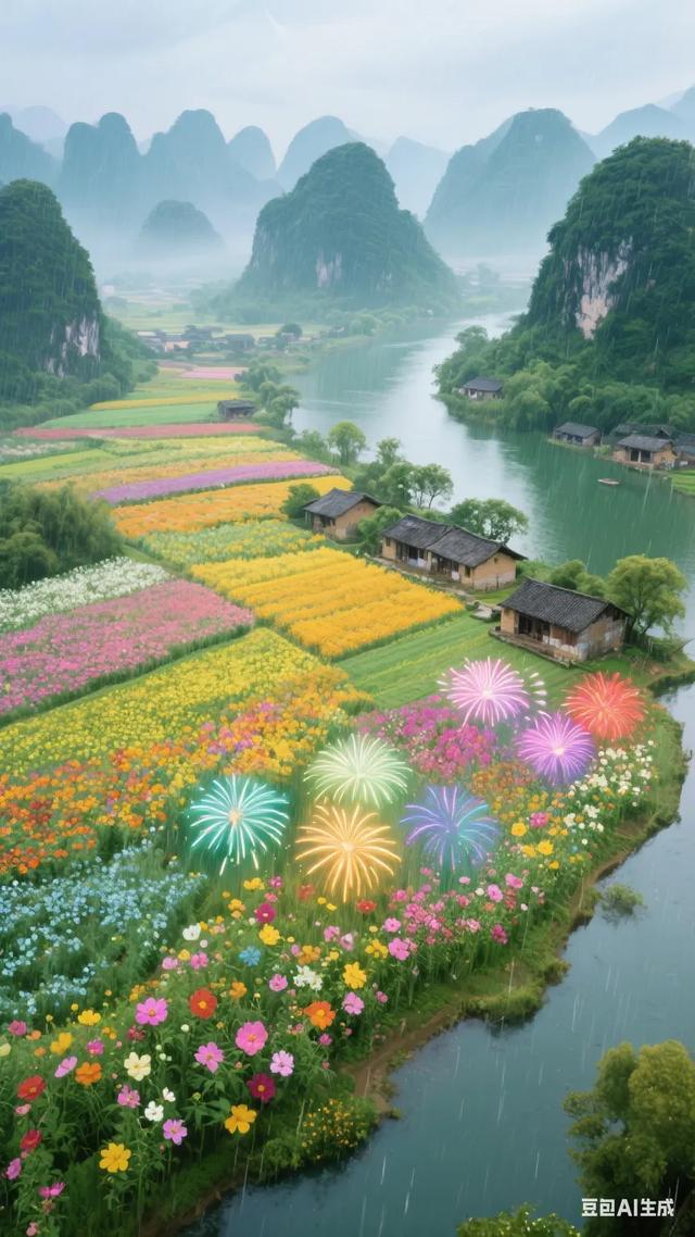梦幻仙境色彩斑斓的花海与静谧河流相映成趣，仿佛置身于童话世界