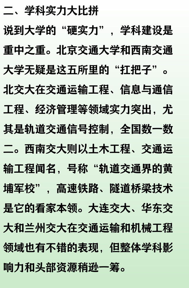 北京交大、西南交大、大连交大、华东交大、兰州交大，实力谁更强