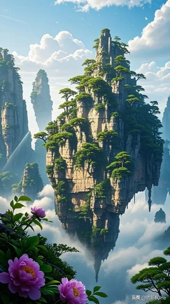 在云雾缭绕的奇幻之境，张家界悬浮山宛如超脱尘世的仙岛傲然矗立