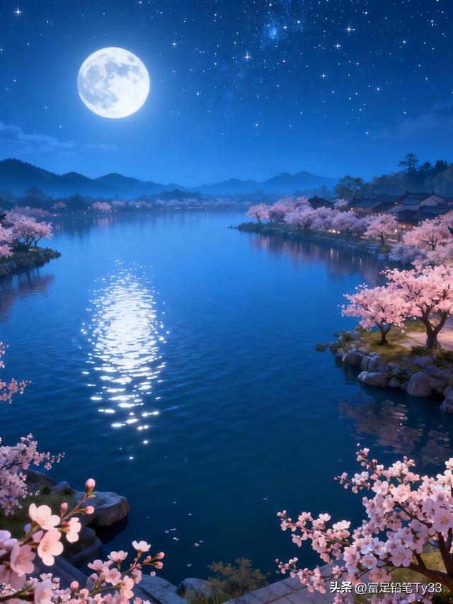 月色如水，樱花飘落，静谧夜晚的诗意美景！