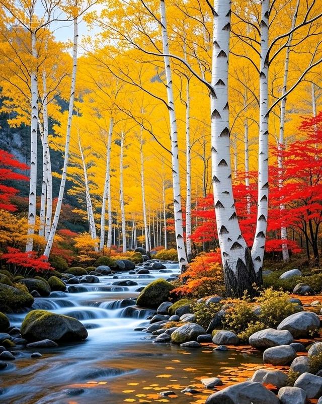 当白桦林染上金黄，红枫点燃溪岸，秋叶与石共织治愈秋景