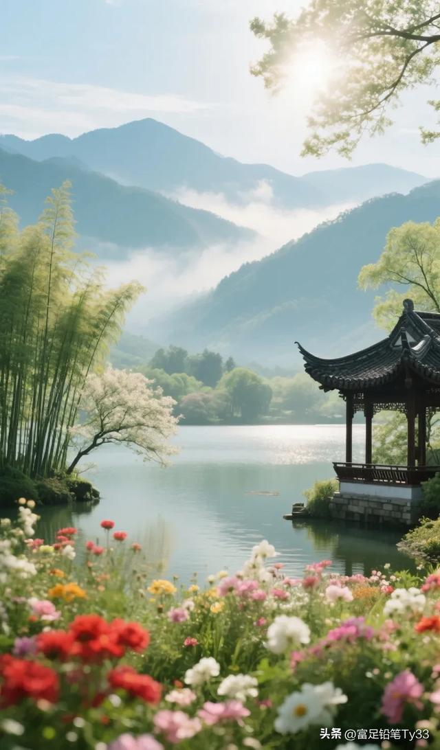 静谧湖畔，古风亭台，花海映日，人间仙境！