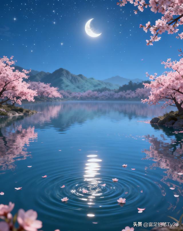 月色如水，樱花飘落，静谧夜晚的诗意美景！