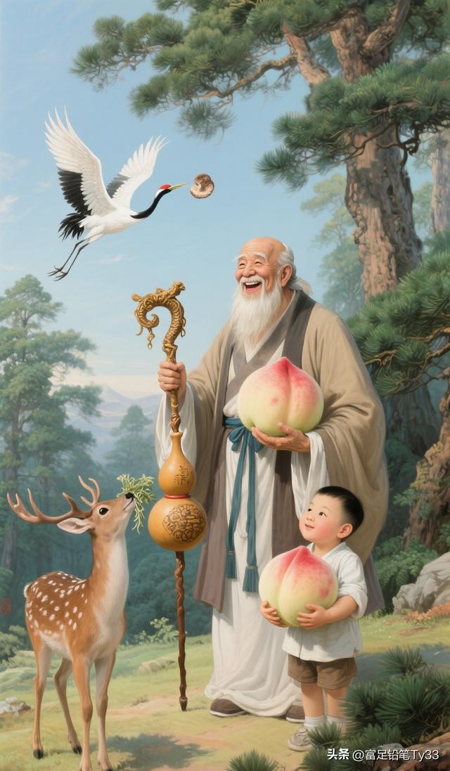 探秘桃源仙景：仙翁孩童共品仙桃，鹿鹤相伴谱悠然曲！