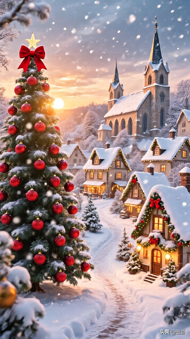 白雪皑皑的圣诞黄昏美景