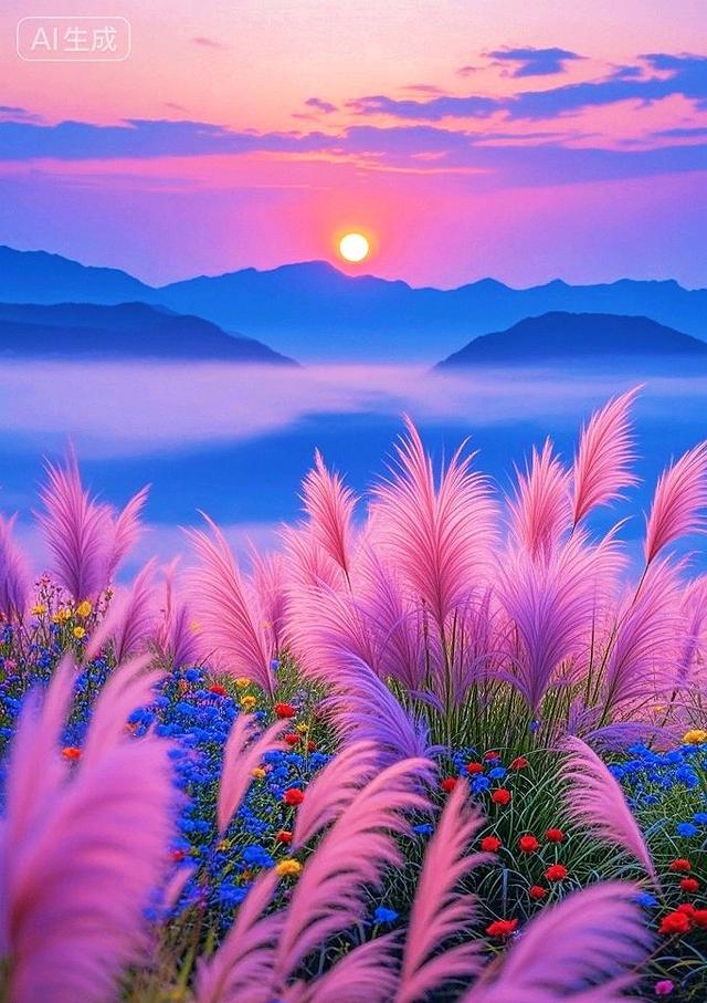 粉苇摇，彩花漫，日出染野太唯美了