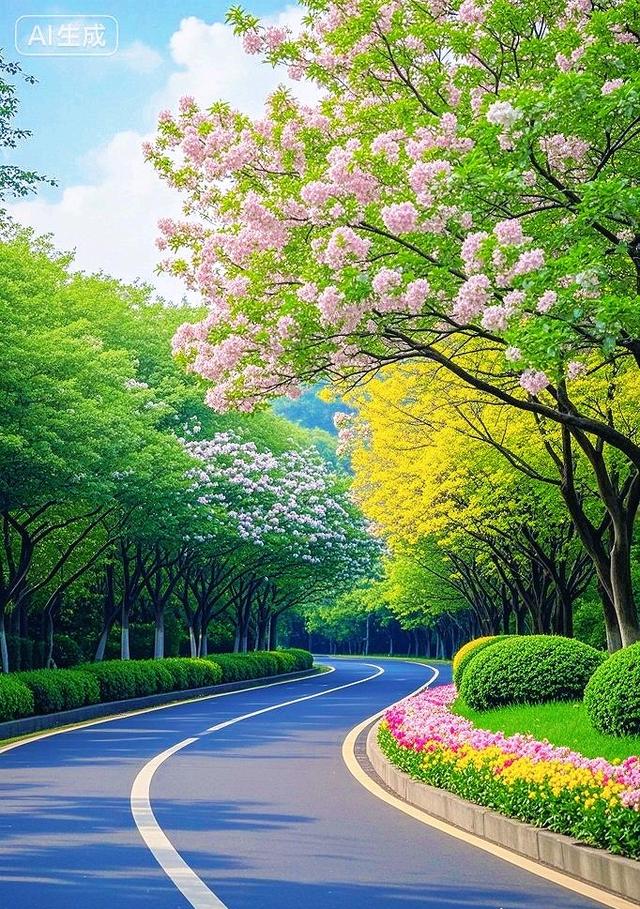 花簇缠林，彩枝垂径，弯路上光影织就满目斑斓画境