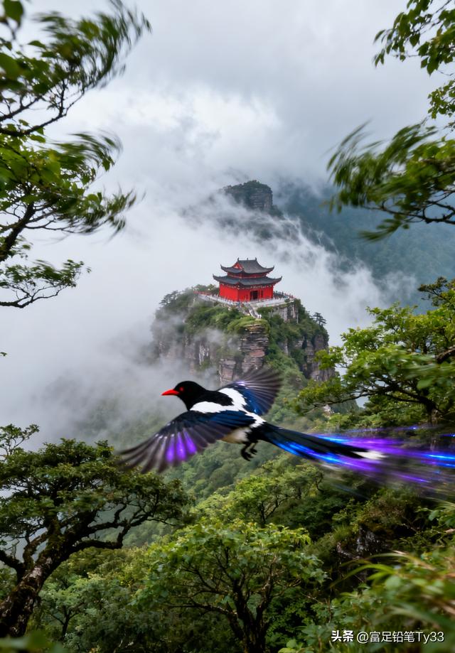 仙境中的古寺，飞鸟掠过，云海翻腾，如梦如幻！