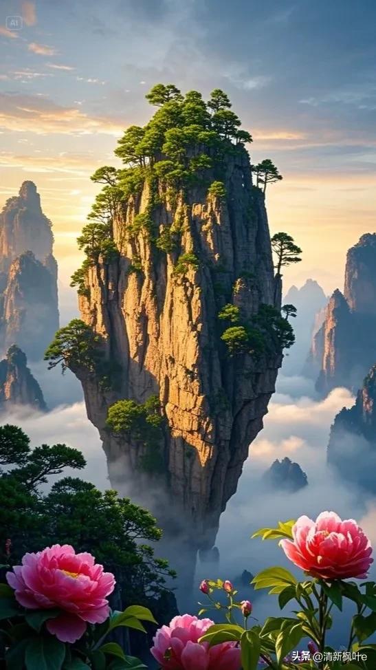 在云雾缭绕的奇幻之境，张家界悬浮山宛如超脱尘世的仙岛傲然矗立