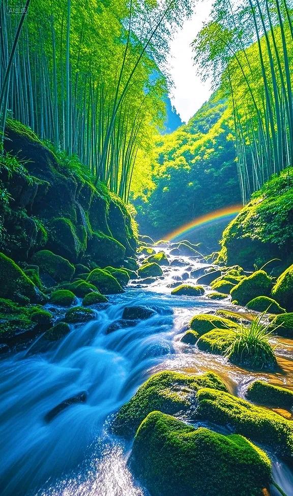 走进翠绿竹林，邂逅潺潺溪流与梦幻彩虹 ，心都被这方天地治愈啦~