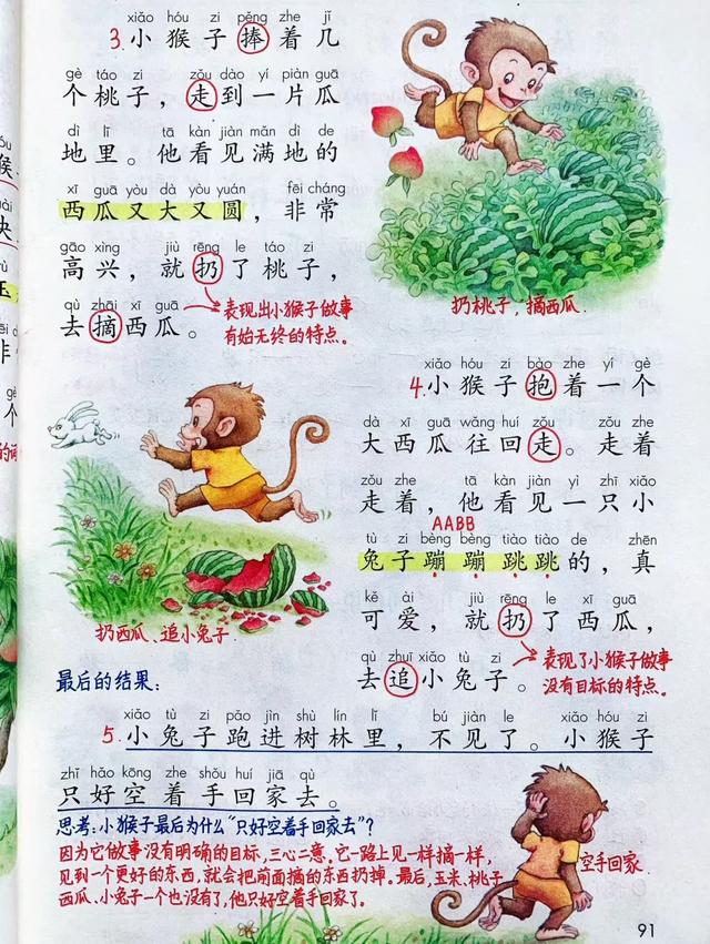 一年级下册语文，第七单元课文17《猴子下山》课堂笔记+课堂解析