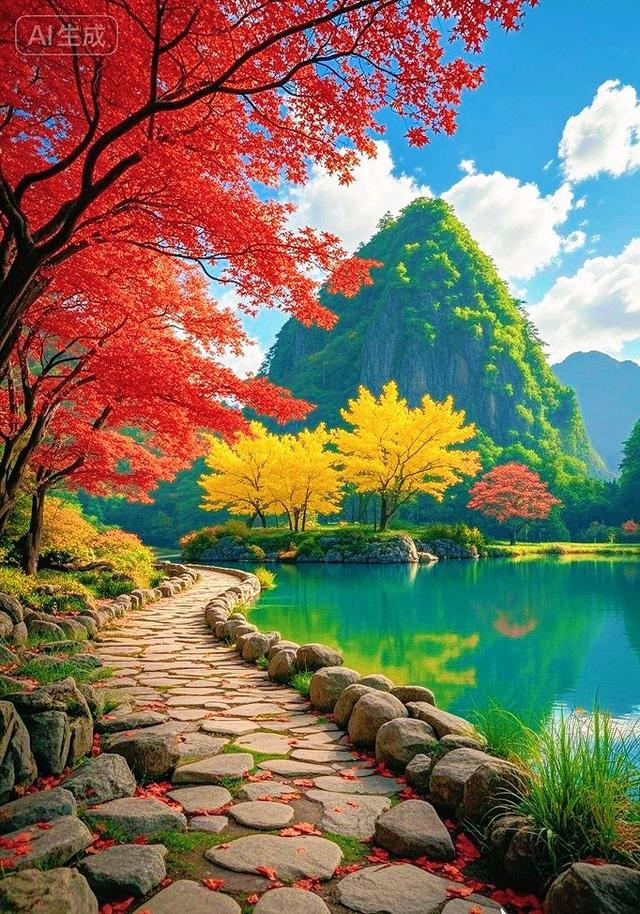 红枫金树绕碧湖