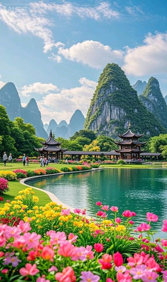 峰翠湖明亭立，花裹晴光，这景美透了