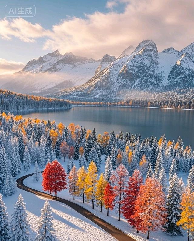 雪山彩林映湖光，一半秋意一半冬
