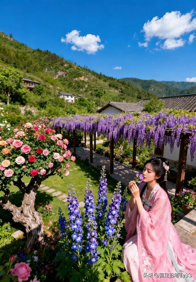 古风少女立花海，衣袂与繁花共舞，相映成趣似仙境！