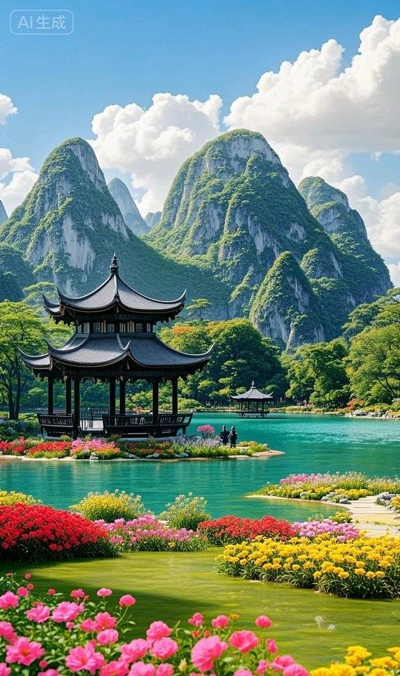 峰翠湖明亭立，花裹晴光，这景美透了