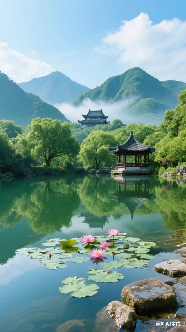 静谧湖畔，古风亭台，云雾缭绕，宛如仙境！