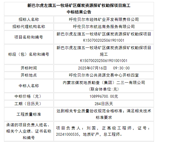 内蒙古：1亿！新巴尔虎左旗五一牧场矿区煤炭资源探矿权勘探项目