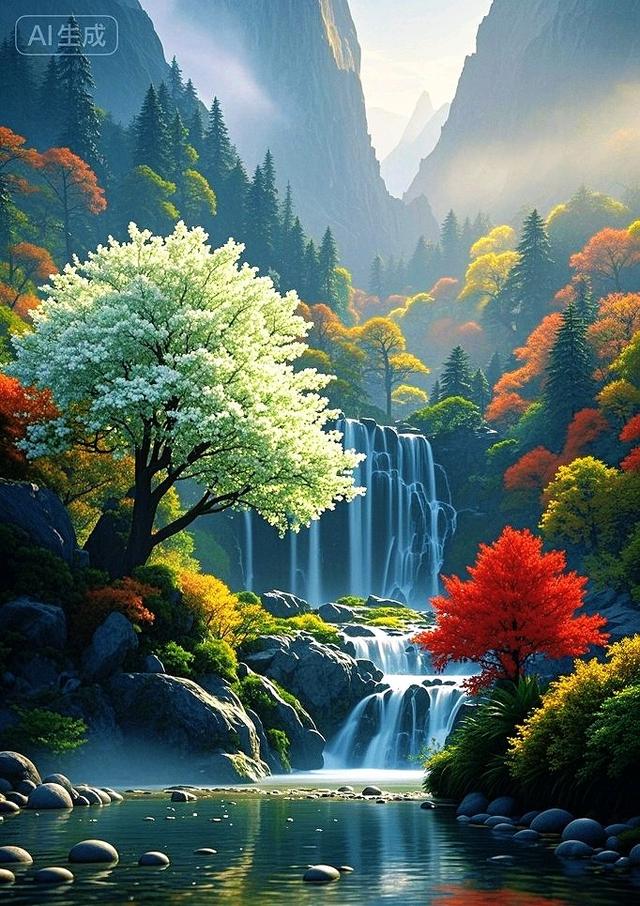 青山、彩树配瀑布，这自然风景看着太治愈了