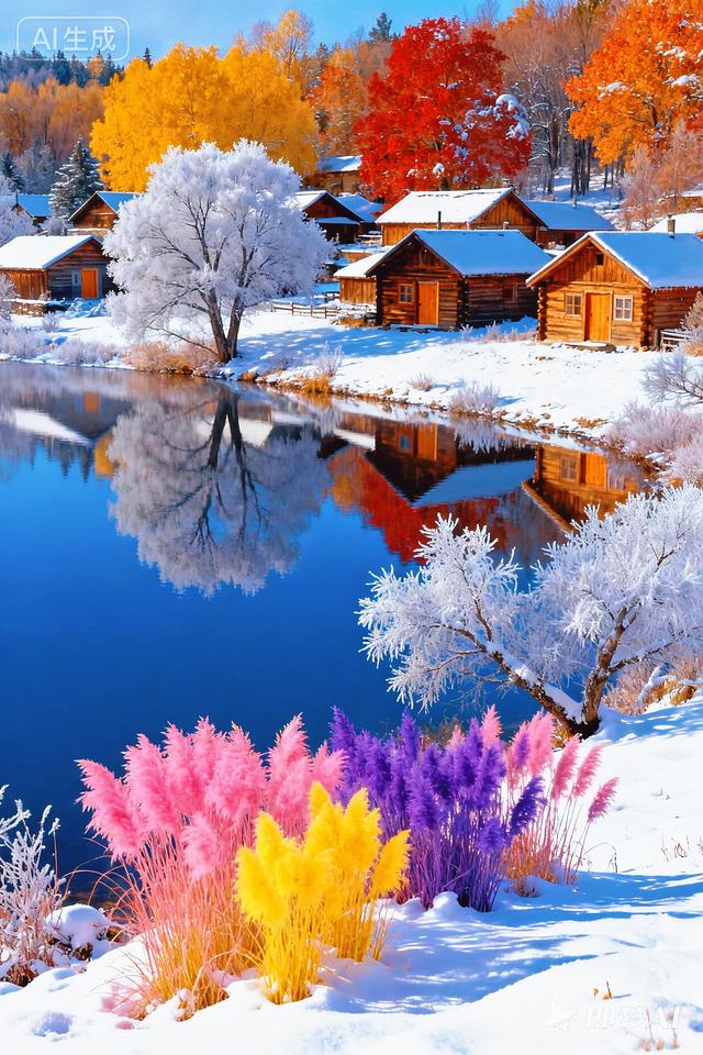 雾凇裹枝，湖映彩林，粉黄紫草绽于雪间，秋冬撞色绘仙境