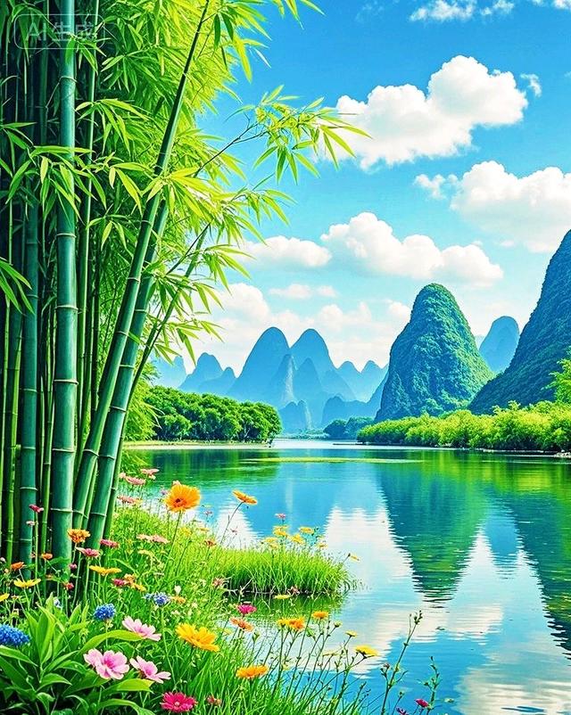竹林繁花、澄澈湖水、连绵青山与漫天云絮，一幅绝美的山水画卷！