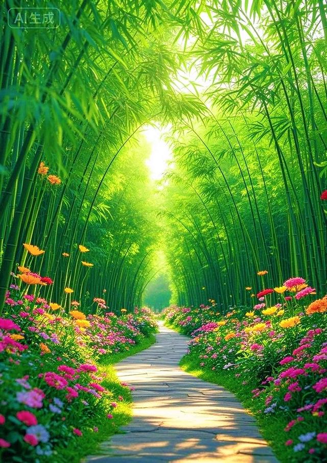 竹林花径：一径繁花，满目翠意