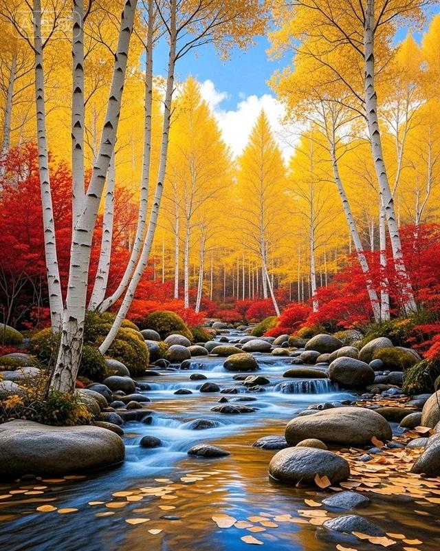 当白桦林染上金黄，红枫点燃溪岸，秋叶与石共织治愈秋景