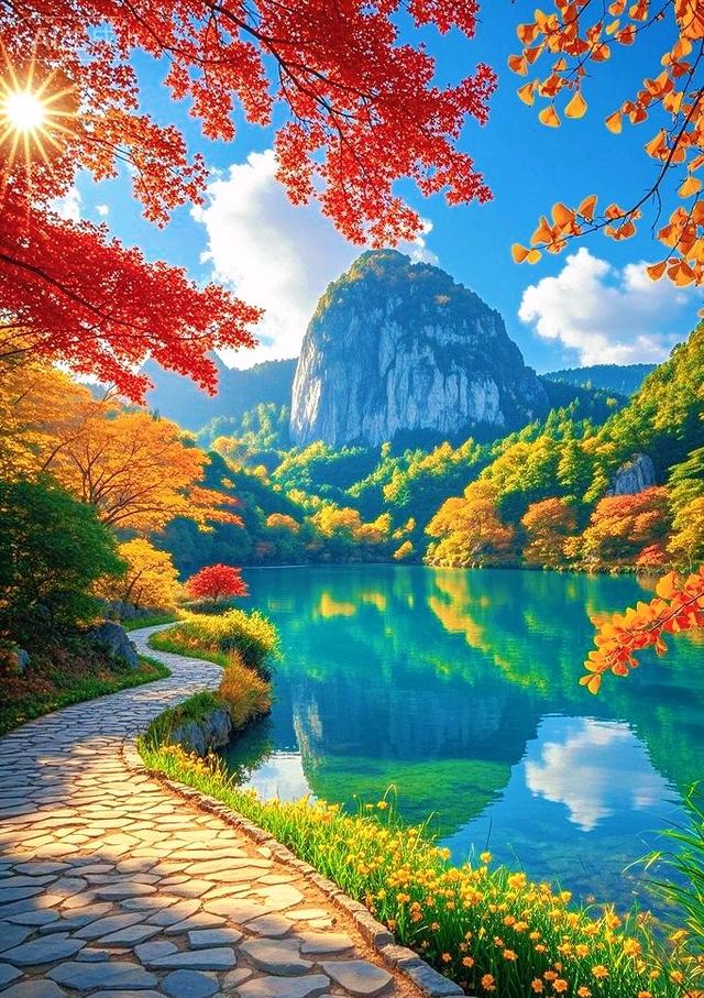 红枫金树绕碧湖