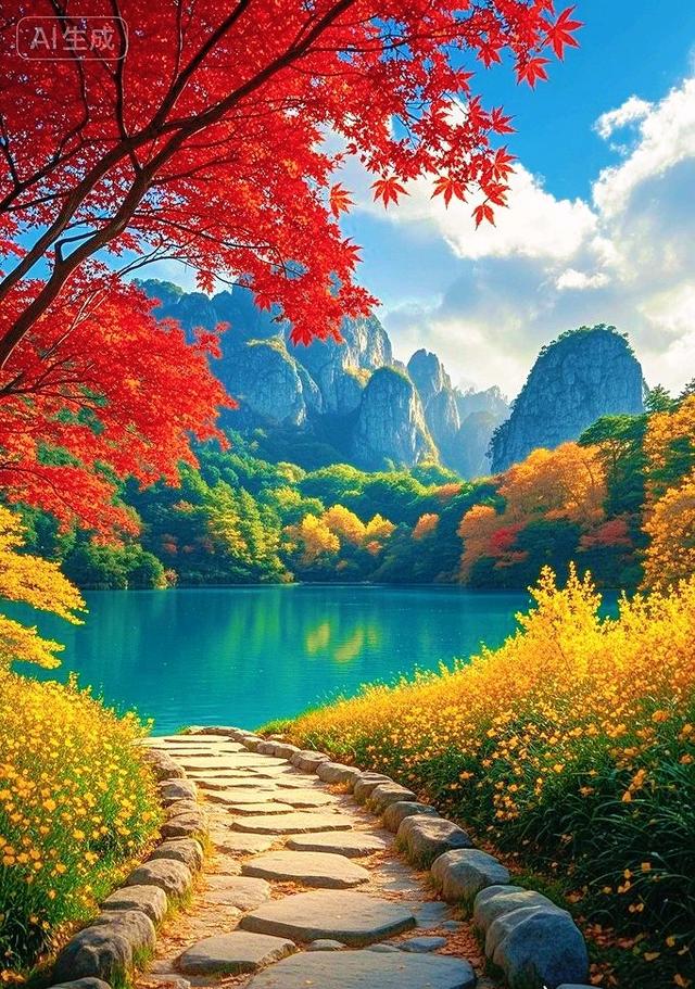 红枫金树绕碧湖