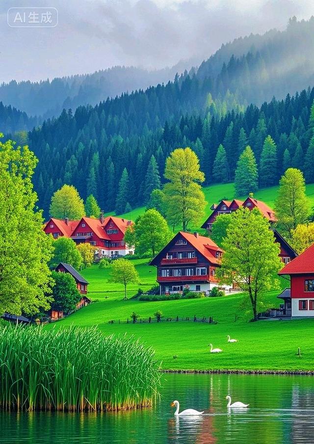 青山静水间，红舍伴鹅游