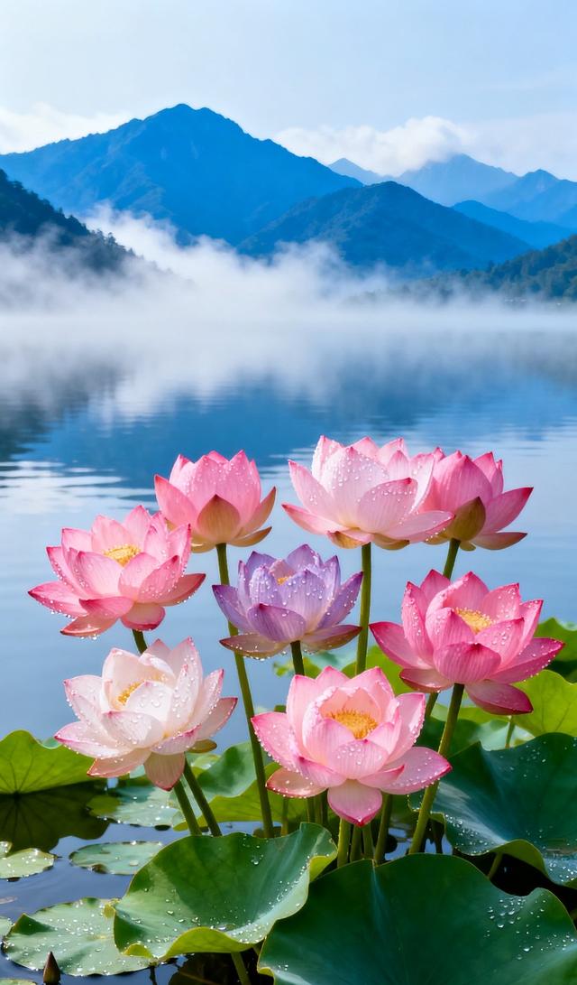 远山云雾、澄澈湖水，粉紫荷花带露，翠荷叶，景致醉美