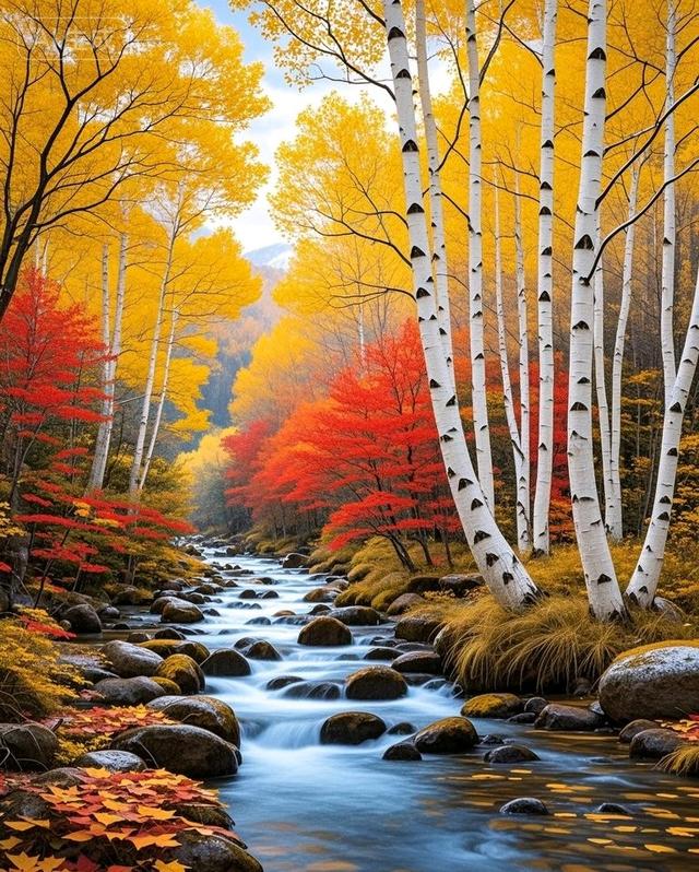 当白桦林染上金黄，红枫点燃溪岸，秋叶与石共织治愈秋景