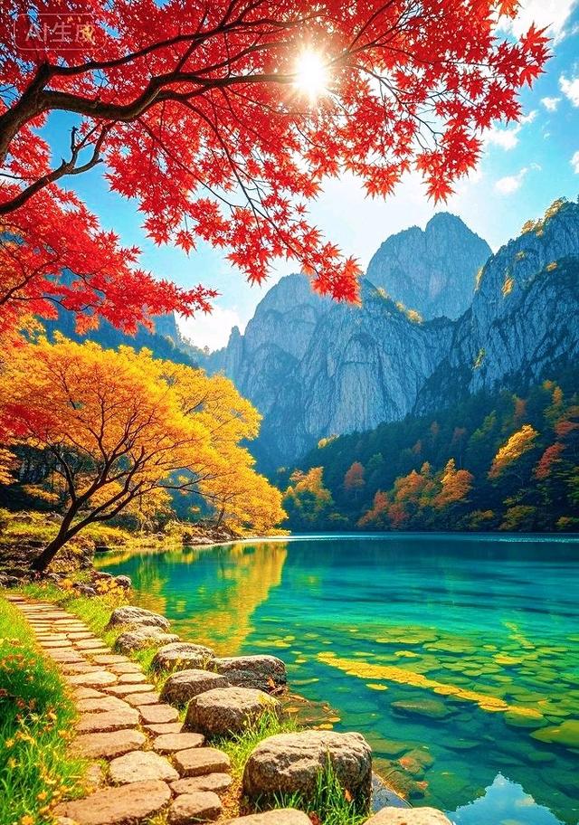 红枫金树绕碧湖