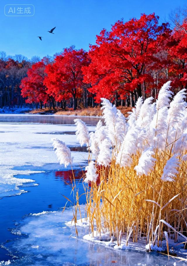 半冻冰湖映枫红，白芦摇霜，藏着秋冬交替的诗意