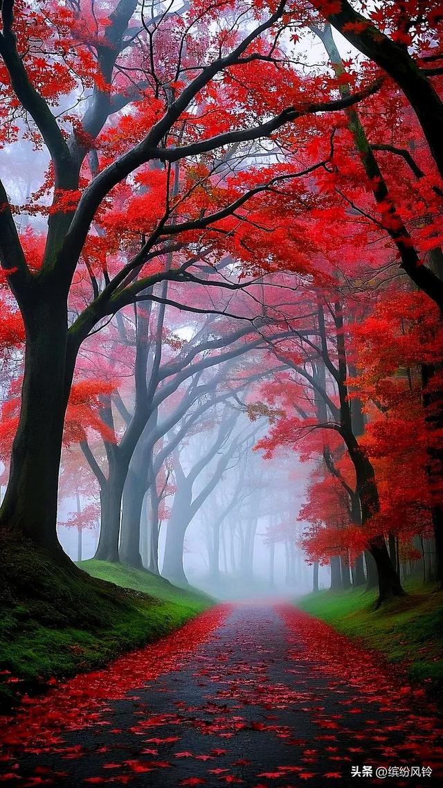 雾霭轻抚山峦，红枫似火