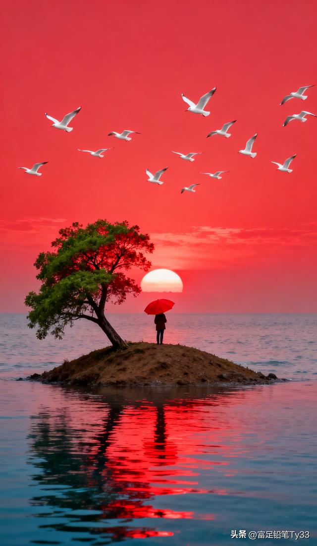 “海边孤树下的浪漫日落，撑伞人儿静享时光！”