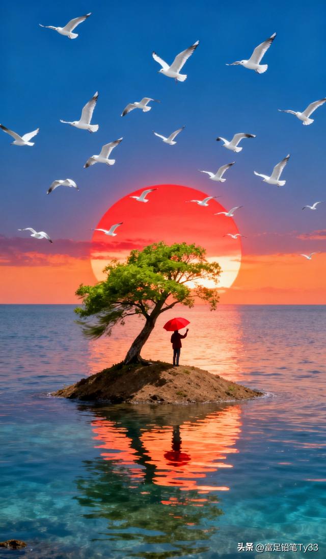“海边孤树下的浪漫日落，撑伞人儿静享时光！”