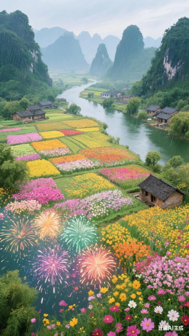 梦幻仙境色彩斑斓的花海与静谧河流相映成趣，仿佛置身于童话世界