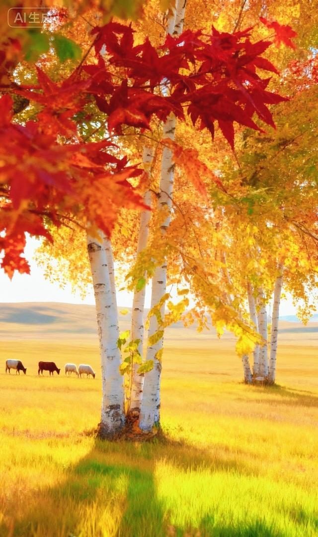 红枫垂帘，牧群踱过金绿原野