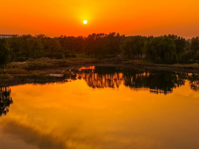 晚霞映照下的宁阳洸河湿地公园
