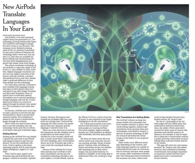 纽约时报｜“巴别鱼”成真：苹果推出能实时翻译的AirPods