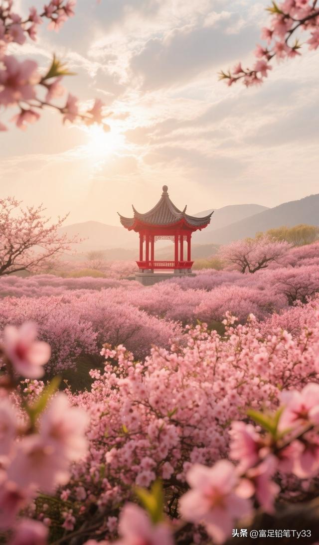 粉嫩花海拥古风亭台 一步踏入幻梦之境